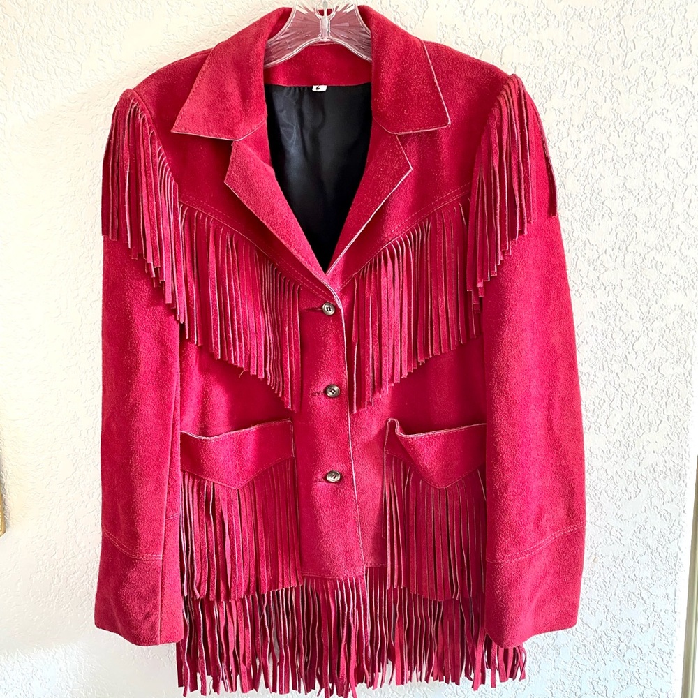 Magenta leather suede fringe jacket